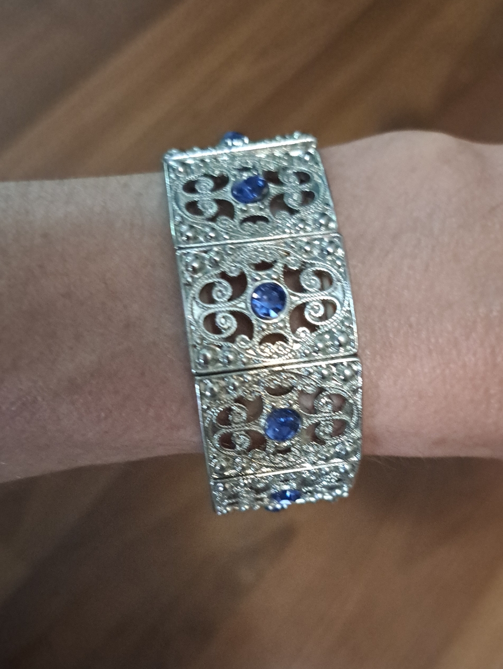 Vintage-Inspired Silver Bracelet with Blue Gem Accents